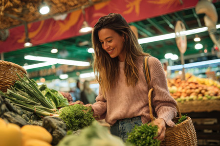 Female shopper with long hair is selecting fresh vegetables in a bustling market, surrounded by vibrant produce and a warm, inviting ambianceの素材