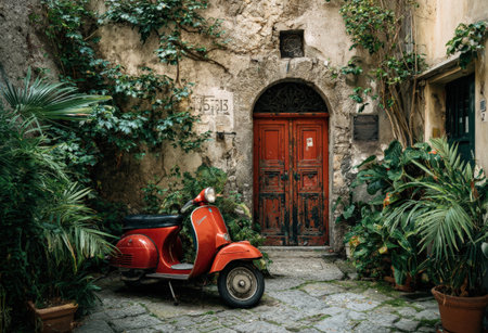 Classic red scooter rests in a picturesque cobblestone alley, framed by vibrant plants and a weathered wooden door, creating a serene and inviting sceneの素材