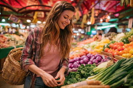 Happy woman with long hair, shopping for fresh vegetables in lively market, surrounded by colorful produce, promoting healthy eating and community connectionの素材
