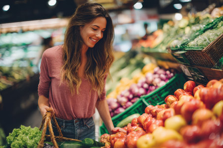Happy woman with long hair, selecting fresh fruits and vegetables in a grocery store, surrounded by a variety of colorful produce, promoting healthy eating habitsの素材