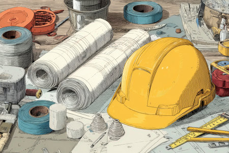 Hard hat rests on a work table filled with blueprints, tools, and construction materials, showcasing an organized workspace for engineering and design projectsの素材