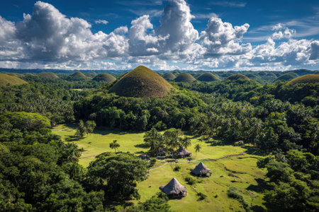 Scenic view of verdant hills and tropical vegetation, with traditional huts nestled in the landscape, creating a serene and picturesque environmentの素材