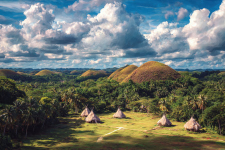 Scenic view of traditional huts nestled in vibrant greenery, with rolling hills and dynamic clouds creating a peaceful atmosphere in a natural settingの素材