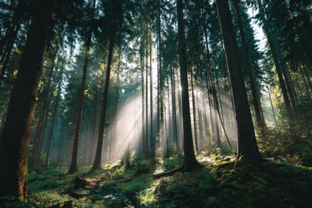 Serene forest scene featuring tall trees with sunlight filtering through branches, casting soft rays on the lush green undergrowth, creating a peaceful ambianceの素材