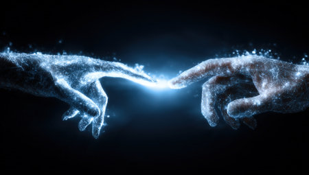 Two hands are depicted reaching out to each other, surrounded by luminous particles, representing the connection between technology and humanity in a vibrant cosmic sceneの素材