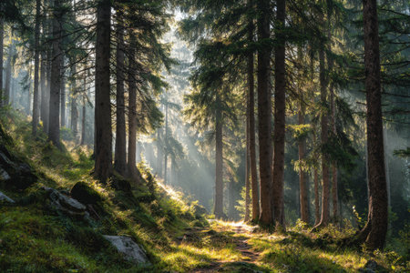 Sunlight filters through towering trees in a peaceful forest, casting soft light on a winding path surrounded by vibrant greenery and natural texturesの素材