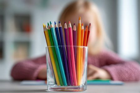 Vibrant colored pencils arranged in a glass, with a child focused on drawing in the background, emphasizing creativity and artistic exploration in a playful environmentの素材