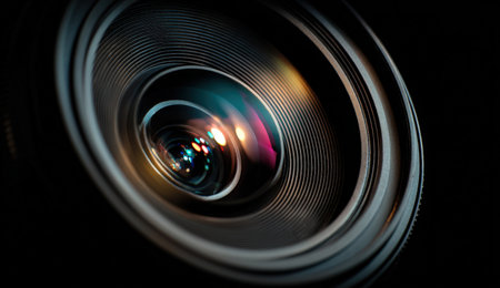 Detailed close-up of a camera lens, highlighting reflections and textures, illustrating the craftsmanship of photography equipment and the importance of capturing images with clarityの素材