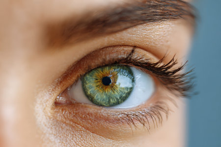 Detailed close-up of an eye, featuring a striking green and blue iris, long eyelashes, and a captivating reflection, highlighting the intricacies of human visionの素材