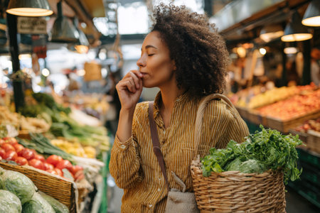 Woman with curly hair is in a lively market, holding a basket filled with fresh greens, surrounded by an array of colorful fruits and vegetables, immersed in the atmosphereの素材