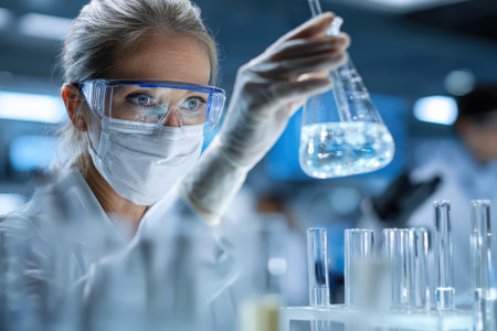 Woman scientist in lab coat, wearing goggles and mask, is examining liquid in flask, with test tubes and lab equipment around, highlighting scientific exploration and discoveryの素材