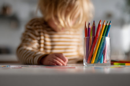 Child with blonde hair is focused on coloring with bright crayons in a glass jar, surrounded by art supplies on a table, creating a joyful atmosphereの素材