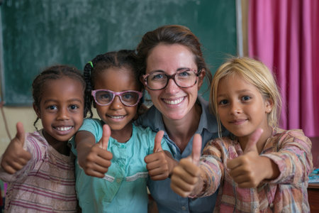 Happy children and a female educator are smiling and showing thumbs up in a vibrant classroom, emphasizing encouragement, friendship, and a supportive educational atmosphereの素材