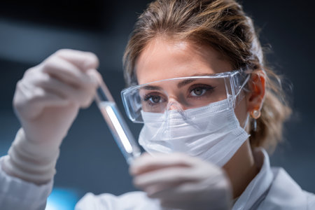Female researcher wearing gloves and goggles closely inspects a test tube in a modern laboratory, highlighting dedication to scientific exploration and innovationの素材
