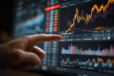 Individual examining financial graphs on a digital display, highlighting stock market trends and data analysis, creating an atmosphere of investment strategy and decision-makingの素材