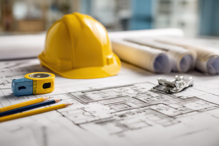 Hard hat positioned on detailed architectural blueprints alongside rolled plans, measuring tape, and pencils, illustrating the construction planning environmentの素材