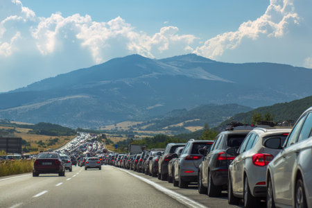 Highway traffic jam features many vehicles in a long line, with beautiful mountains and clouds in the background, capturing the essence of travel delays and congestionの素材