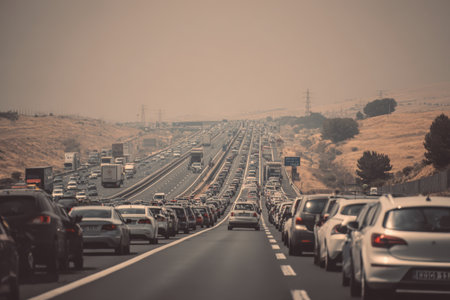 Busy highway filled with cars in a traffic jam, illustrating the challenges of urban commuting and the effects of congestion on transportation and travel experiencesの素材