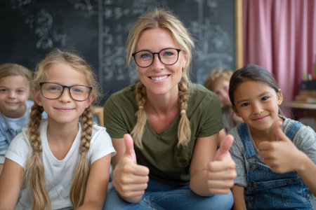 Female educator with glasses is surrounded by happy students in classroom, all showing thumbs up, creating an uplifting atmosphere for learning and collaborationの素材
