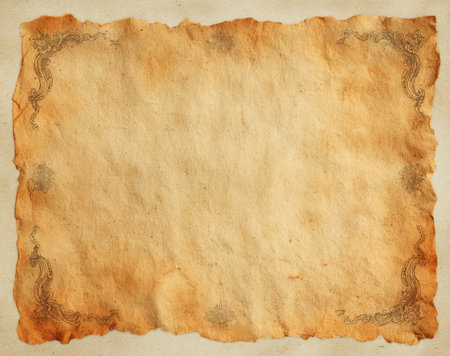 Vintage parchment paper featuring ornate borders and a textured surface, perfect for creative projects, invitations, or certificates, providing a classic aesthetic with copy spaceの素材