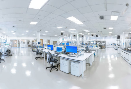Spacious laboratory with several workstations equipped with computers and scientific tools, illuminated by bright lights, creating a professional and organized atmosphereの素材