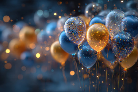 Vibrant balloons in blue and gold hues are suspended in a dreamy background, evoking a sense of joy and festivity ideal for parties and celebrationsの素材