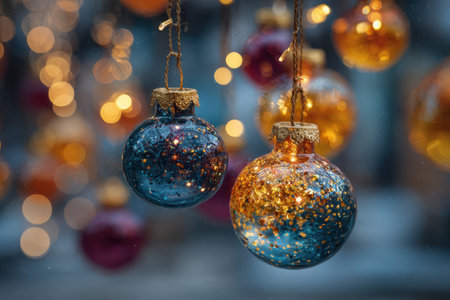 Vibrant glass ornaments are suspended with strings, glowing softly against a blurred background of lights, evoking a warm holiday spirit and joyful ambianceの素材