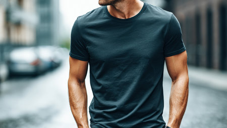 Muscular young man in black t-shirt stands on city street, exuding confidence and style, surrounded by urban architecture and vehicles, capturing modern lifeの素材