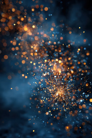 Bokeh lights in blue and orange hues create an enchanting atmosphere, resembling a cosmic landscape filled with shimmering stars and vibrant energyの素材