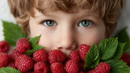 Child with curly hair holds raspberries and green leaves close to face, highlighting freshness and vibrant colors, creating a joyful and natural atmosphereの素材