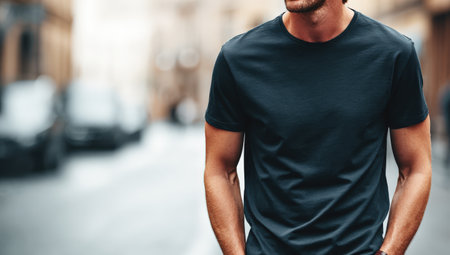 Male figure in a black t-shirt, strolling along a city street, with blurred cars and buildings in the background, embodying contemporary urban lifeの素材