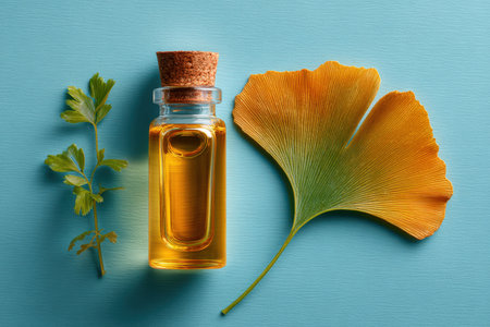 Glass bottle containing golden oil, placed beside fresh herb and colorful ginkgo leaf, emphasizing natural beauty and wellness in a calming environmentの素材