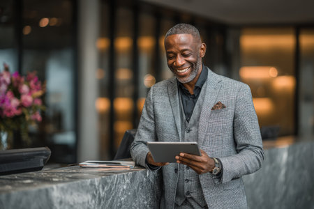Smiling male professional in a gray suit is using a tablet at a contemporary reception area, surrounded by elegant decor and colorful flowers, creating a welcoming atmosphereの素材