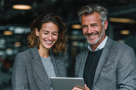 Happy couple in gray blazers are using a tablet in a contemporary office setting, exchanging thoughts and ideas, highlighting teamwork and creativityの素材