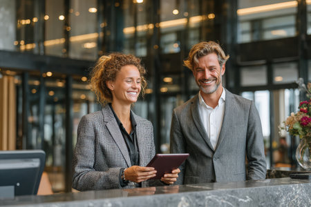 Professional woman and man in business attire, engaged in conversation at reception desk, with modern decor and flowers, highlighting teamwork and collaborationの素材