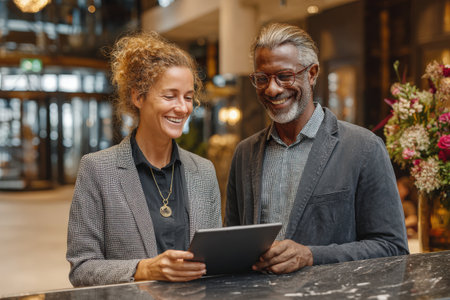 Business professionals, a woman and a man, are engaged in discussion with a tablet in a stylish lobby, featuring elegant decor and fresh flowers, highlighting collaborationの素材