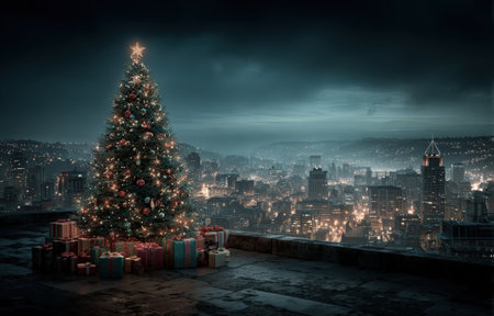 A beautifully decorated Christmas tree with lights and gifts is set against a stunning city skyline, creating a magical holiday scene filled with joy and celebrationの素材