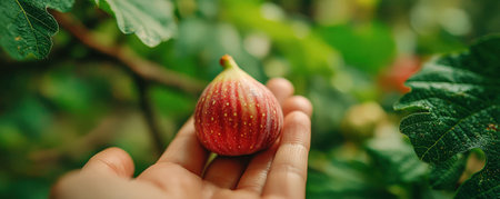 Ripe fig fruit is being held gently in hand, surrounded by vibrant green foliage, highlighting the essence of organic farming and fresh produceの素材