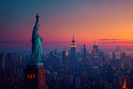 Iconic statue overlooks a stunning city skyline at sunset, casting warm light across buildings, creating a sense of freedom and hope in an urban setting with copy spaceの素材