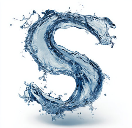 Splash of water elegantly forming the letter S, illustrating fluid motion and dynamic energy, creating a visually captivating representation of the alphabetの素材
