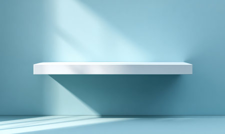 White shelf against a pastel blue wall, casting gentle shadows, creating a calm ambiance, perfect for showcasing decorative pieces or artwork with copy spaceの素材