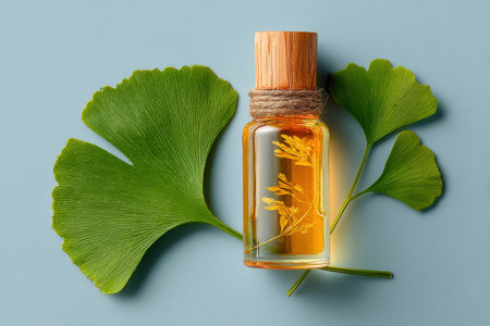 Glass bottle containing golden oil with flowers, placed among fresh ginkgo leaves, creating a serene atmosphere that emphasizes natural beauty and wellnessの素材