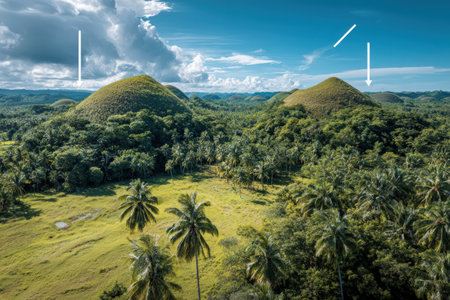 Scenic view of two hills enveloped in greenery, surrounded by palm trees and vibrant foliage, under a clear sky, capturing the essence of tranquility and natureの素材