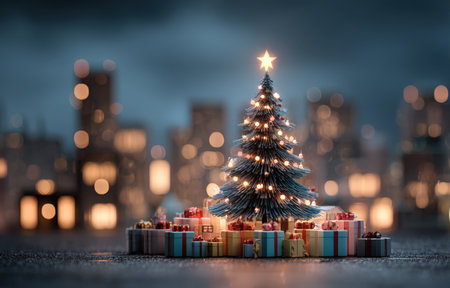 Festive Christmas tree with twinkling lights and star, encircled by vibrant wrapped gifts, set against a blurred city skyline, evoking holiday cheerの素材