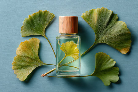 Glass perfume bottle is artistically arranged with fresh ginkgo leaves on a blue backdrop, highlighting nature-inspired aesthetics and sustainable luxury in fragrance presentationの素材