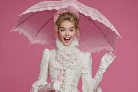 Female in vintage attire, joyfully holding pink lace parasol against bright pink backdrop, creating a whimsical and nostalgic scene filled with charm and eleganceの素材