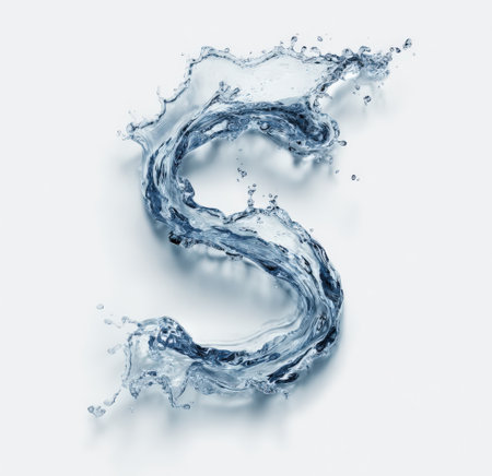 Splash of water creatively forms the letter S, illustrating fluid motion and energy, with droplets and waves enhancing the visual appeal in a minimalist settingの素材