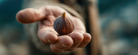 Person's hand offers a fresh fig, highlighting its vibrant color and texture, set against a soft-focus natural backdrop, representing healthy lifestyle choicesの素材