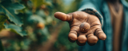 Male farmer presents ripe fig in hand, surrounded by vibrant green leaves in orchard, highlighting the essence of agriculture and natural produceの素材