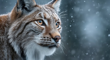 Lynx with captivating amber eyes is surrounded by gentle snowfall, highlighting its thick fur and keen gaze in a tranquil winter environmentの素材